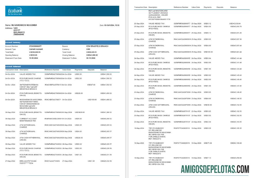 Zimbabwe Ecobank Bank Statement, 4 Pages 1 amostra